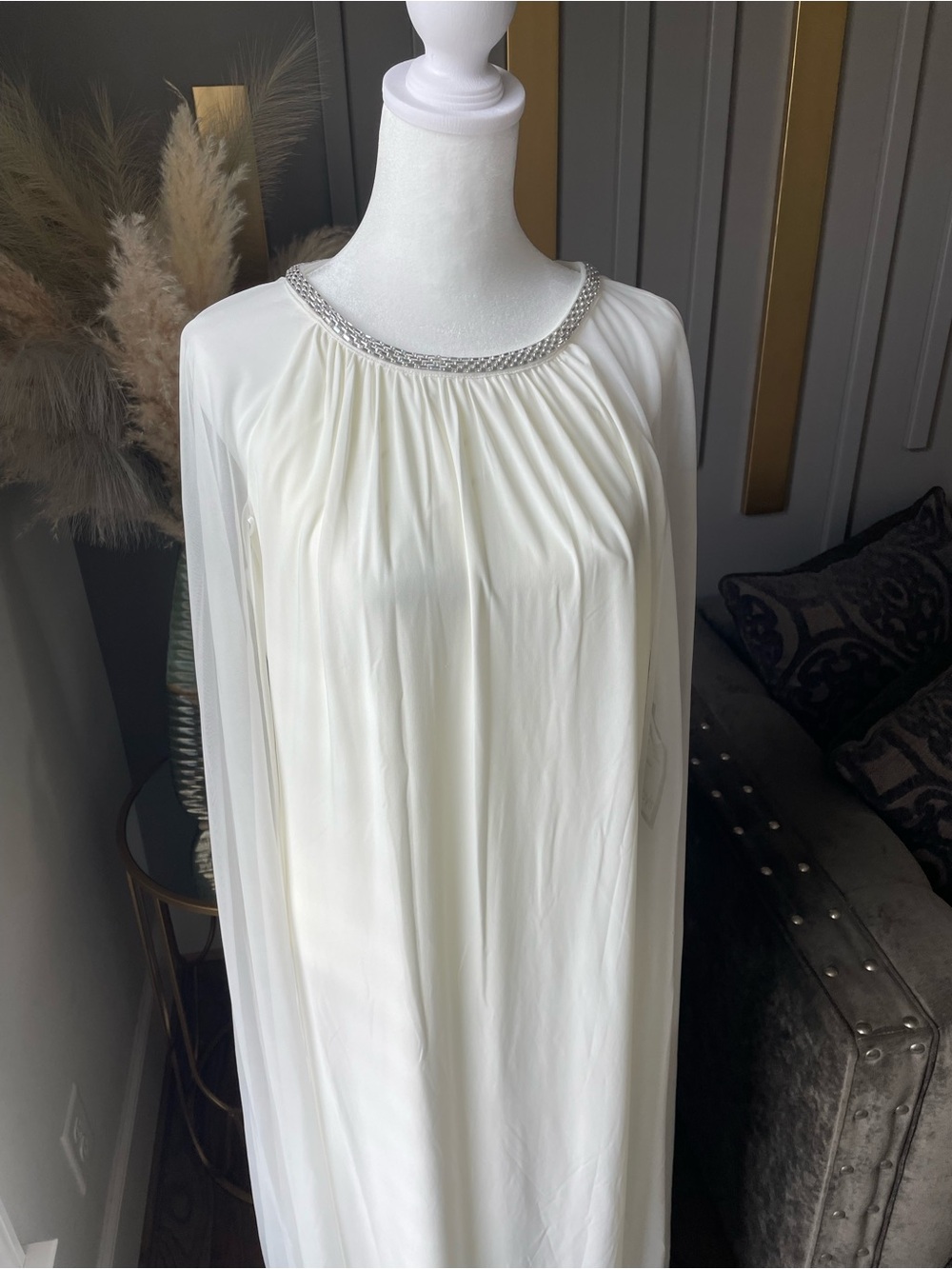 R & M Richards White Maxi Dress with Beaded Neckline